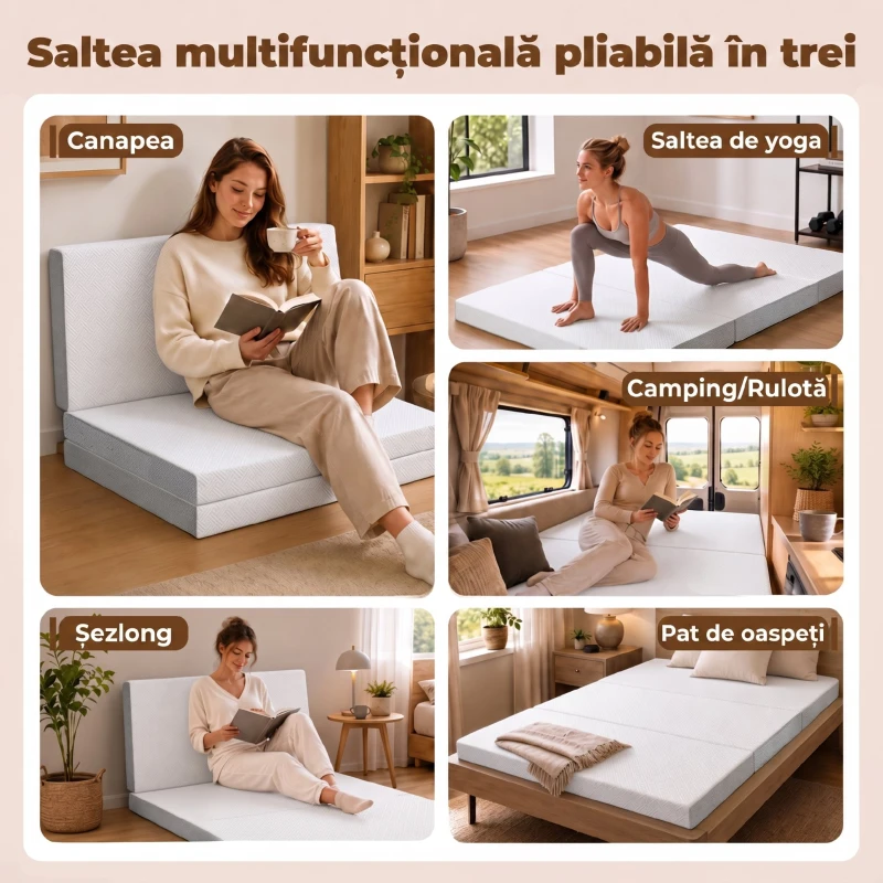 HOMCOM Saltea Pliabilă 195x120cm, 10cm, Husă Lavabilă, Ideală pentru Oaspeți/Camping, Gri