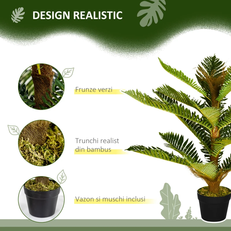 HOMCOM Palmier Artificial cu 18 Frunze și Ghiveci Inclus pentru Interior, Înălțime 85 cm, Verde