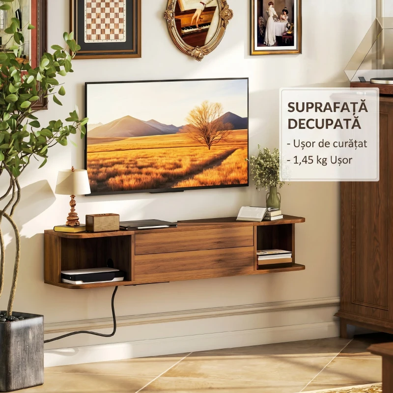 HOMCOM Mobilier TV Suspendat până la 50" cu Prize, USB și Tip C, Sertar și Rafturi, 120x24x22.4 cm, Nuc