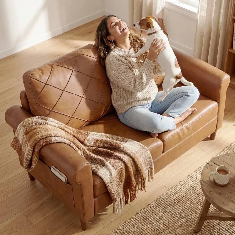 HOMCOM Sofá de 2 Lugares de PU com Pés de Madeira Encosto com Costuras Sofá Moderno para Sala de Estar Quarto Castanho