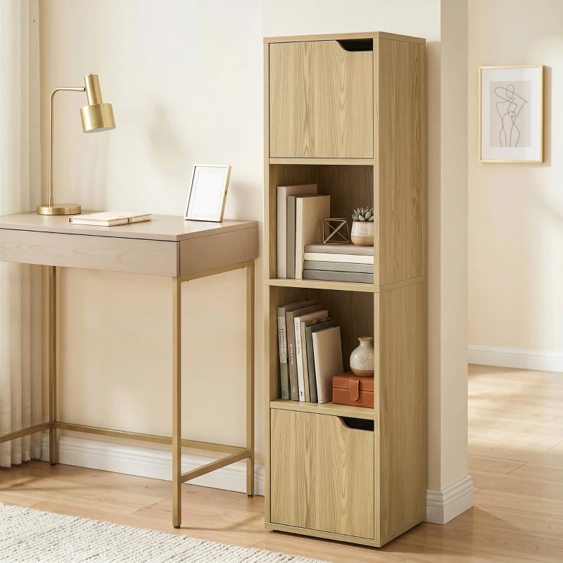 HOMCOM Narrow Bookcase, 4-Tier Bookshelf, Storage Cabinet with doors for Living Room, Bedroom, Oak