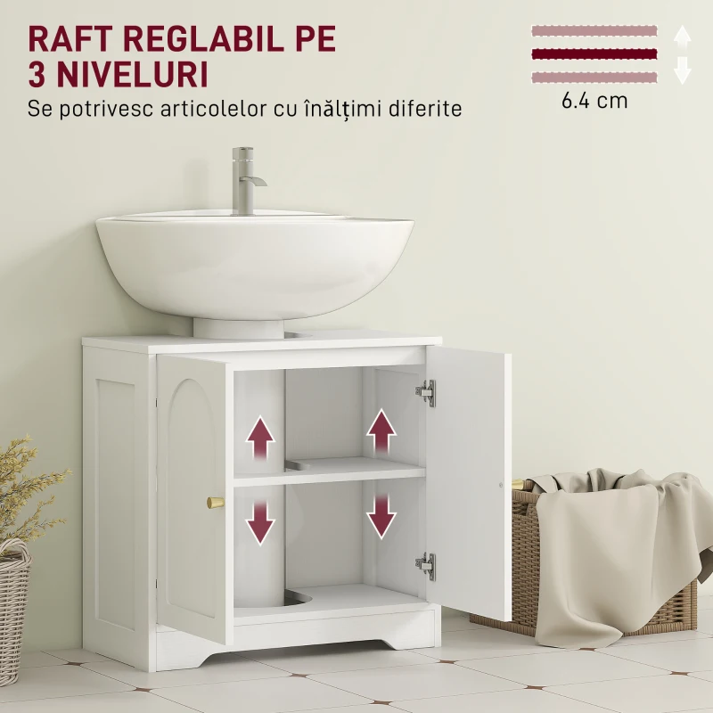 HOMCOM Dulap pentru baie sub chiuvetă cu 2 uși și raft reglabil pe 3 niveluri, din lemn, 60x30x65 cm, alb