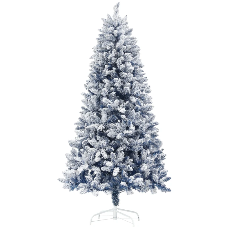 HOMCOM 6ft Flocked Artificial Christmas Tree with 700 Snow Frosted Tips, Metal Stand, Snowy Hinged Xmas Tree, Blue