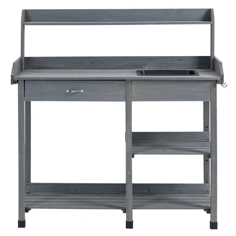 Outsunny Table de rempotage multi-équipée table de jardinage avec tiroir, 3 étagères, évier, 3 crochets - table de plantation bois sapin pré-huilé gris