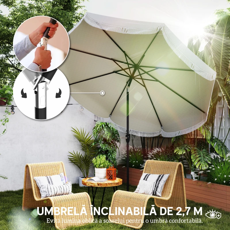Outsunny Umbrelă de Grădină Rotundă 2,7x2,4 m cu Manivelă, din Metal și Poliester, Gri Deschis