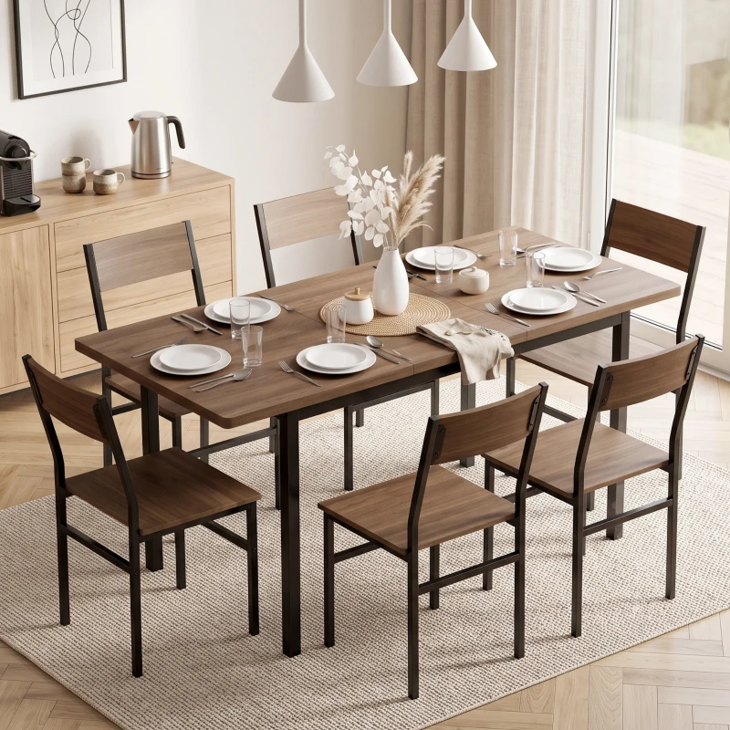 HOMCOM Conjunto de Mesa de Jantar Extensível 120-160 cm e 6 Cadeiras Empilháveis para 4-6 Pessoas Castanho Efeito Madeira