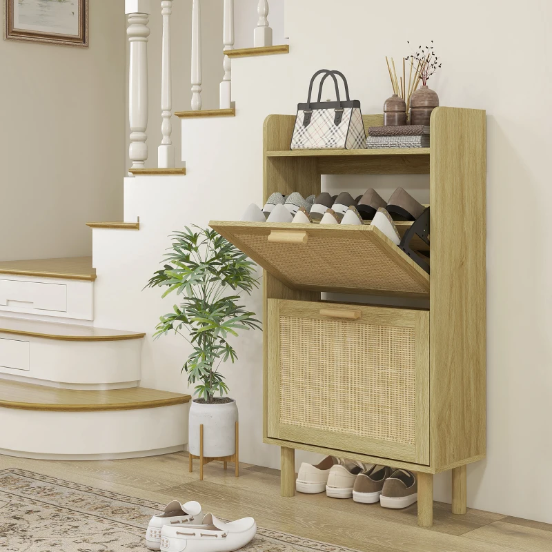 HOMCOM Dulap pentru Pantofi Slim pentru Hol, cu 2 Sertare Rabatabile, Rafturi Reglabile și Blat Superior, Stejar