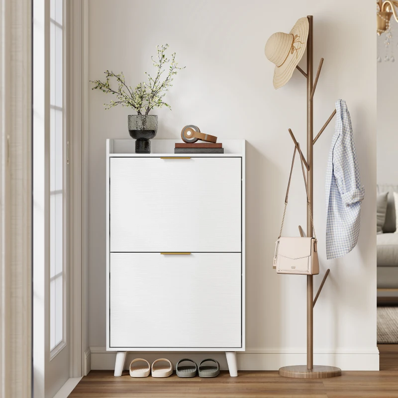 HOMCOM Meuble à chaussures 12 paires, armoire à chaussures étroite avec 2 tiroirs rabattables, étagères réglables, blanc