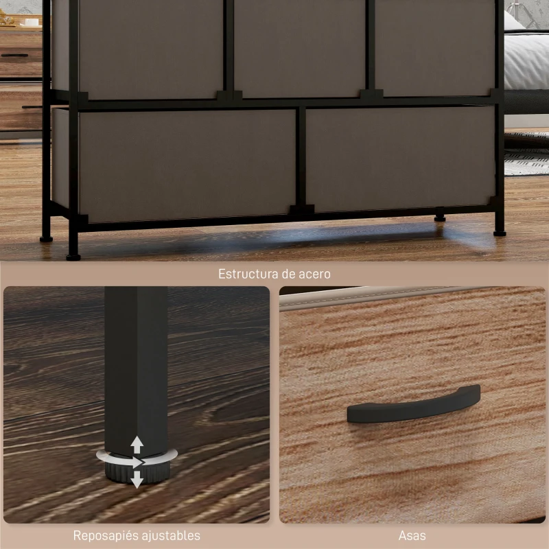 HOMCOM Cajonera de Tela con 5 Cajones y Marco Metálico Estilo Industrial para Salón Recibidor 98x29x63 cm Roble