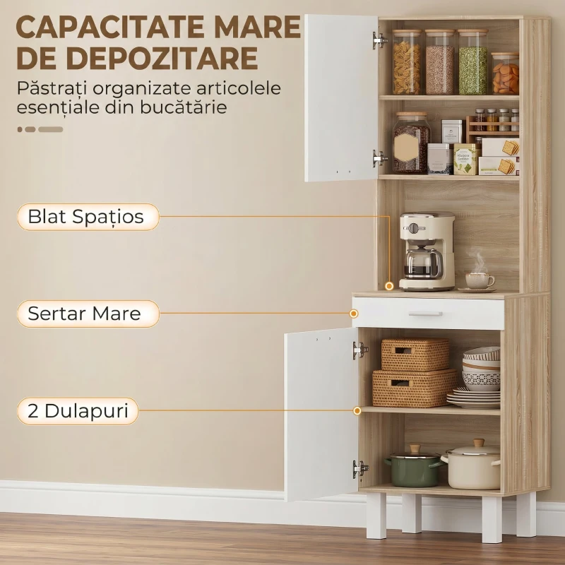 HOMCOM Mobilier Bucătărie 174 cm cu Sertar, Rafturi, Blat și Orificiu pentru Cabluri