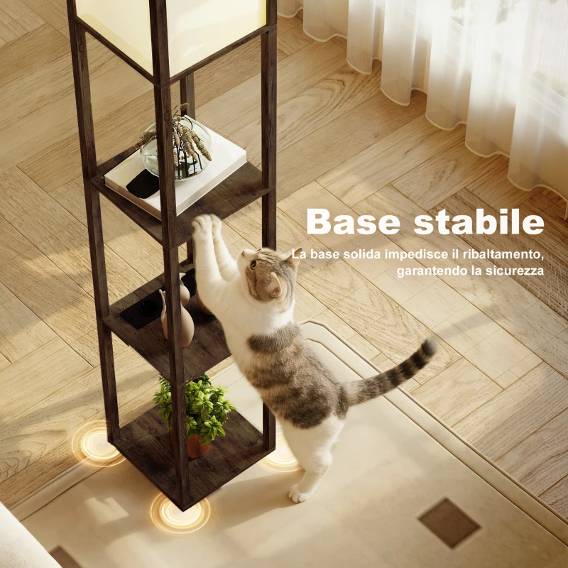 HOMCOM Lampada da Terra con Ripiani, Luce Regolabile, Interruttore a Pedale e Porte USB, Marrone