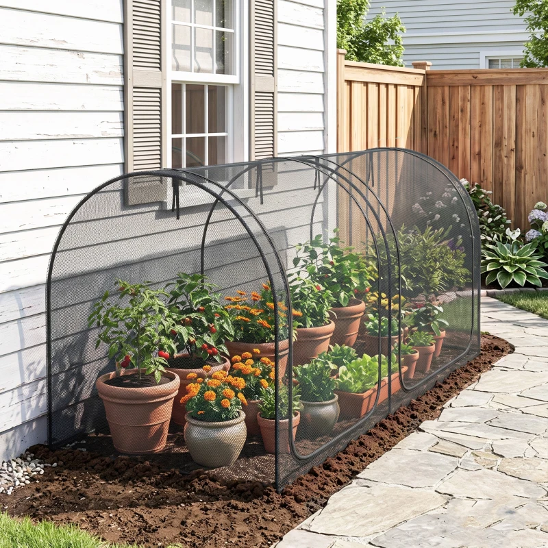 Outsunny 2,49 x 1,2 m Gartennetz, Pflanzenschutzzelt mit Tür, Winddichtes Schädlingsschutznetz mit Stahlrahmen, Schwarz