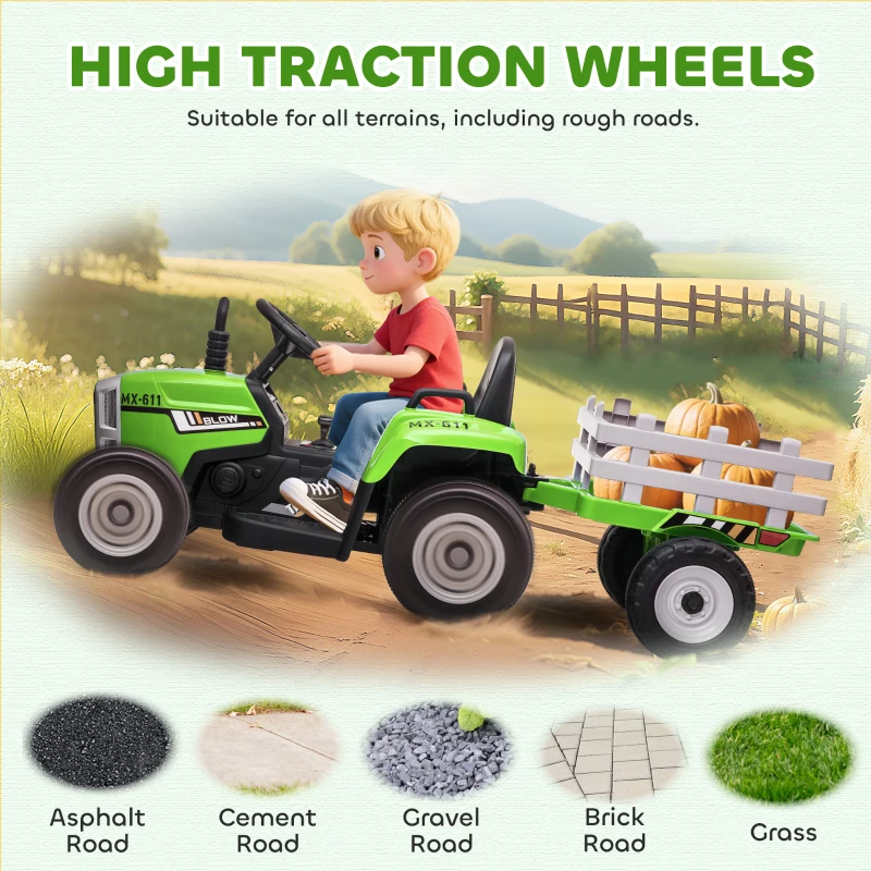 HOMCOM Ride On Tractor, Battery Powered Electric Car, with Detachable Trailer, Remote Control, Music - Green