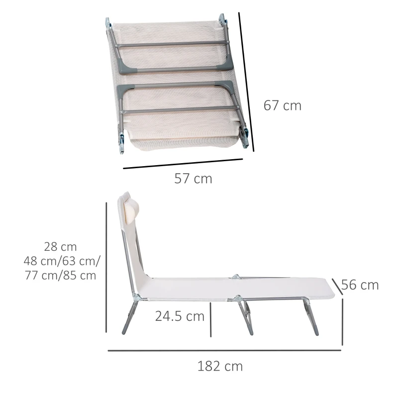 Outsunny Șezlong Pliabil cu Spătar Reglabil în 5 Poziții și Pernă, Șezlong de Grădină cu Material Textil Respirabil, pentru Plajă, Piscină, Grădină, 182x56x28 cm, Crem