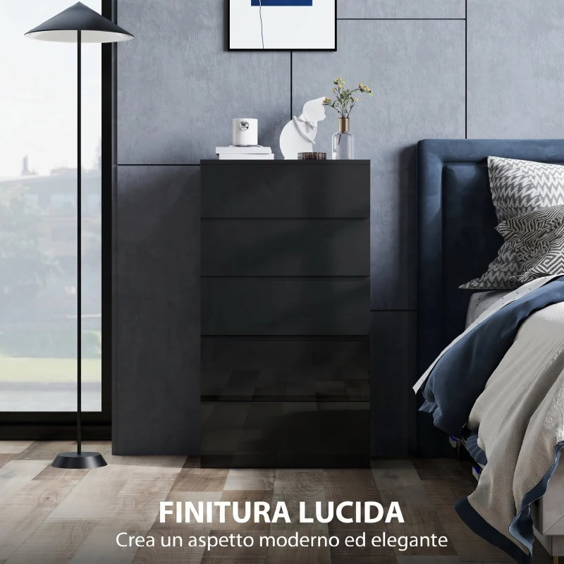 HOMCOM Cassettiera 5 Cassetti in Legno, Comò per Camera da Letto Moderno e Multiuso, 55x34x100 cm, Nero