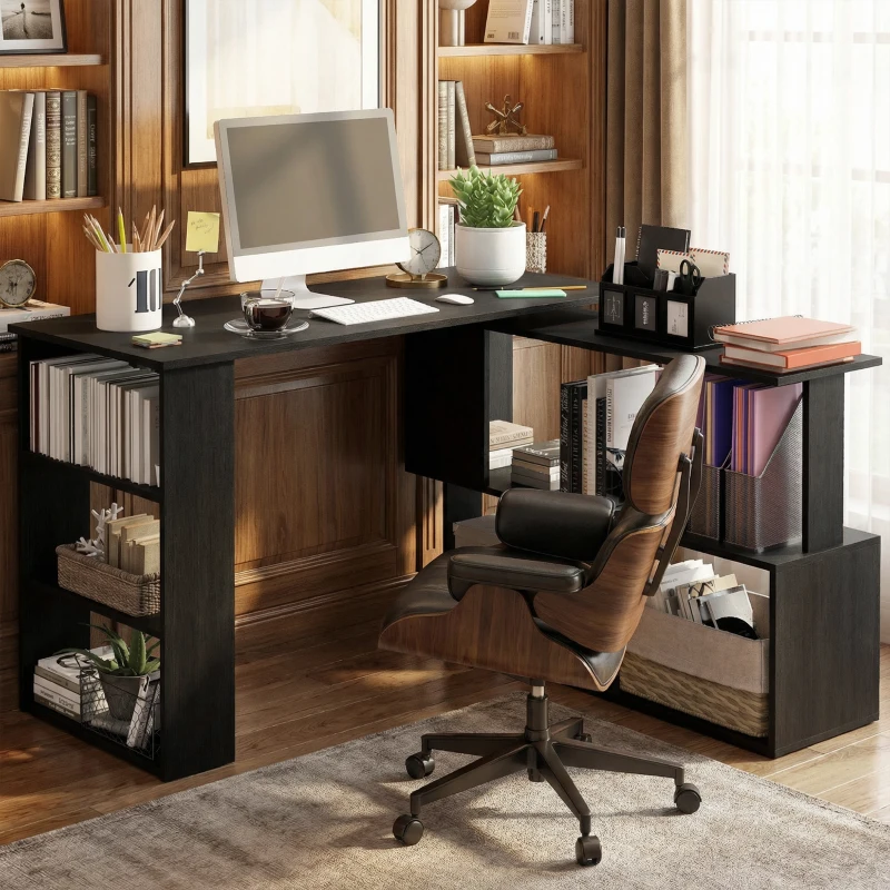HOMCOM Escritorio en L con Estantería Mesa de Escritorio con Estantes para Oficina Estudio 120x110x74,5 cm Negro
