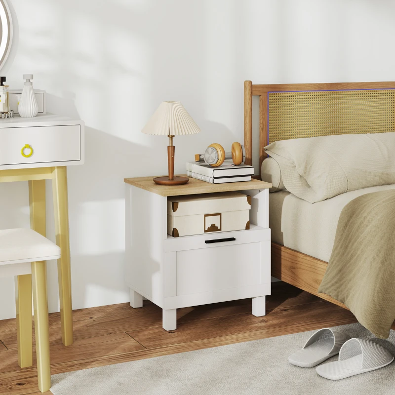 HOMCOM Comodino Moderno Minimal con Cassetto e Ripiano Aperto, in Legno, 45x38x50 cm, Bianco e color Legno
