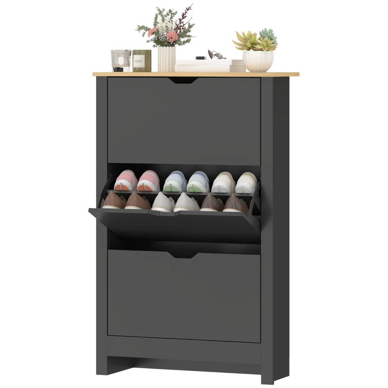 HOMCOM Armoire à Chaussures 3 Portes abattantes 2 Compartiments Panneaux Particules noir chêne
