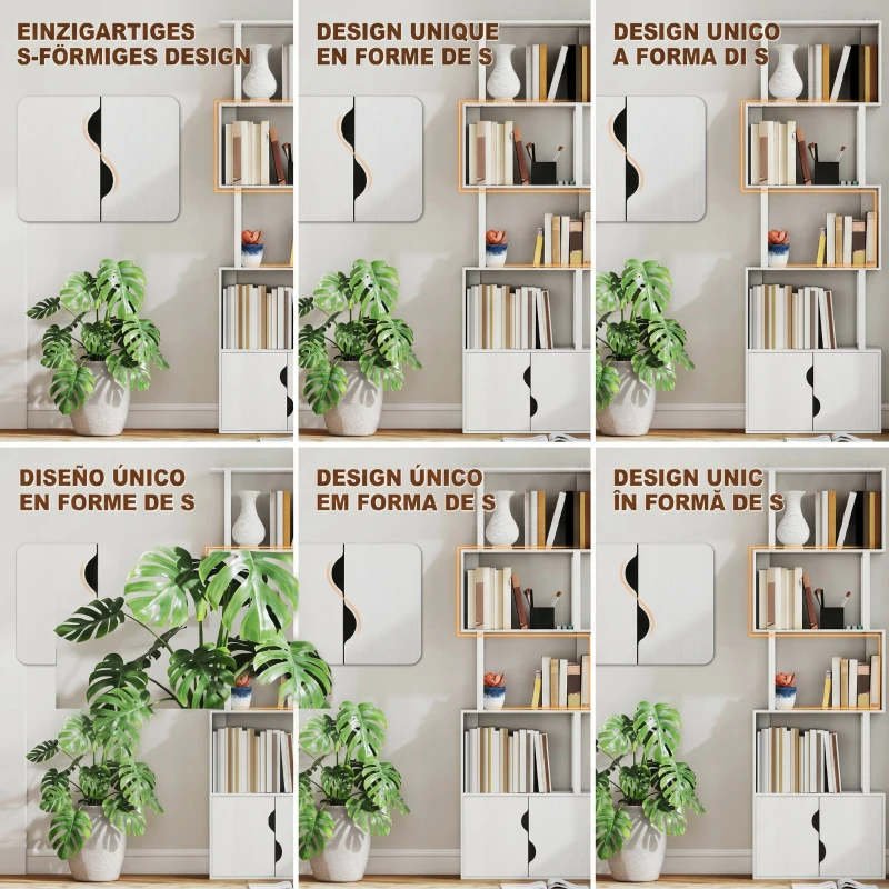 HOMCOM Bibliotecă modernă cu 5 rafturi și dulap cu 2 uși din lemn, 60x23.8x179.2 cm, alb