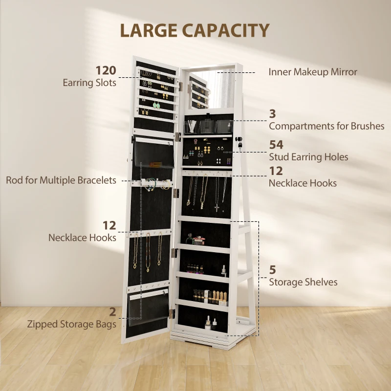 HOMCOM 360° Swivel Jewellery Cabinet, Free Standing Full Length Mirror with Storage, Lockable Jewellery Organiser with Built-in Makeup Mirror and Storage Shelves for Bedroom, White
