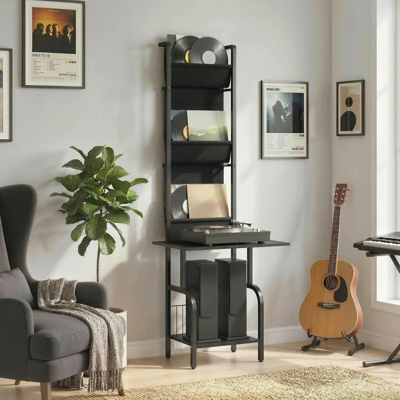 HOMCOM Vinyl Record Player Stand Record Storage with Player Stand Oxford Fabric Pockets Bottom Shelf, Black