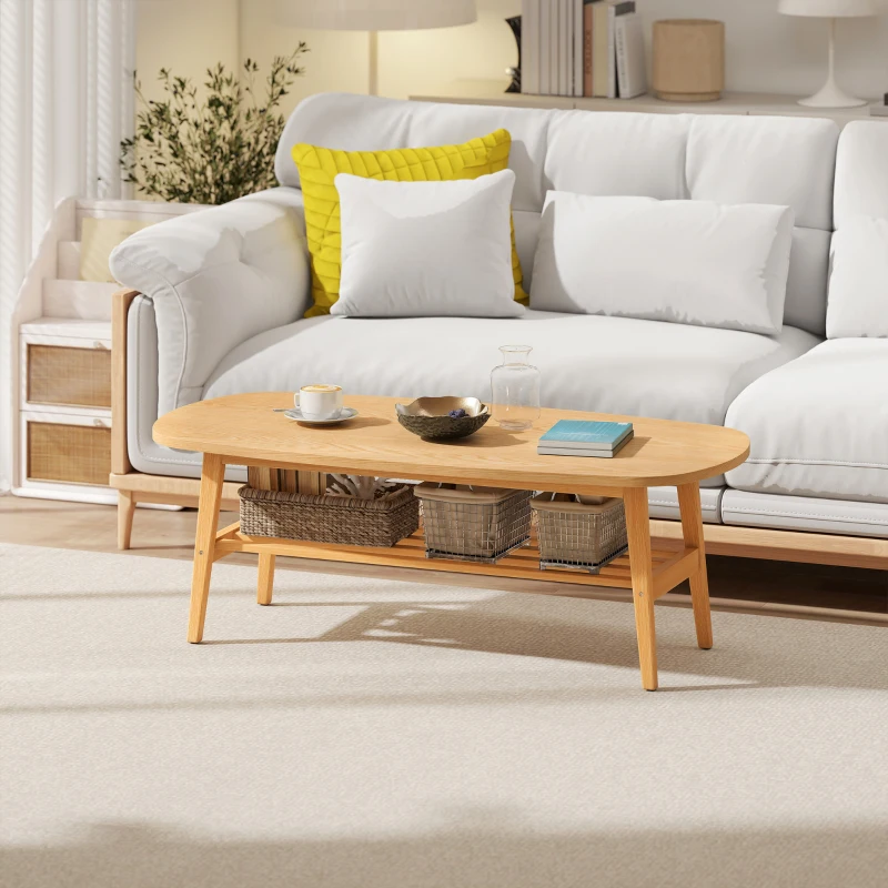 HOMCOM Table Basse à 2 Niveaux, Table de Salon Moderne avec Étagère Inférieure Ouverte et Pieds en Bois d'Hévéa, Bois Naturel