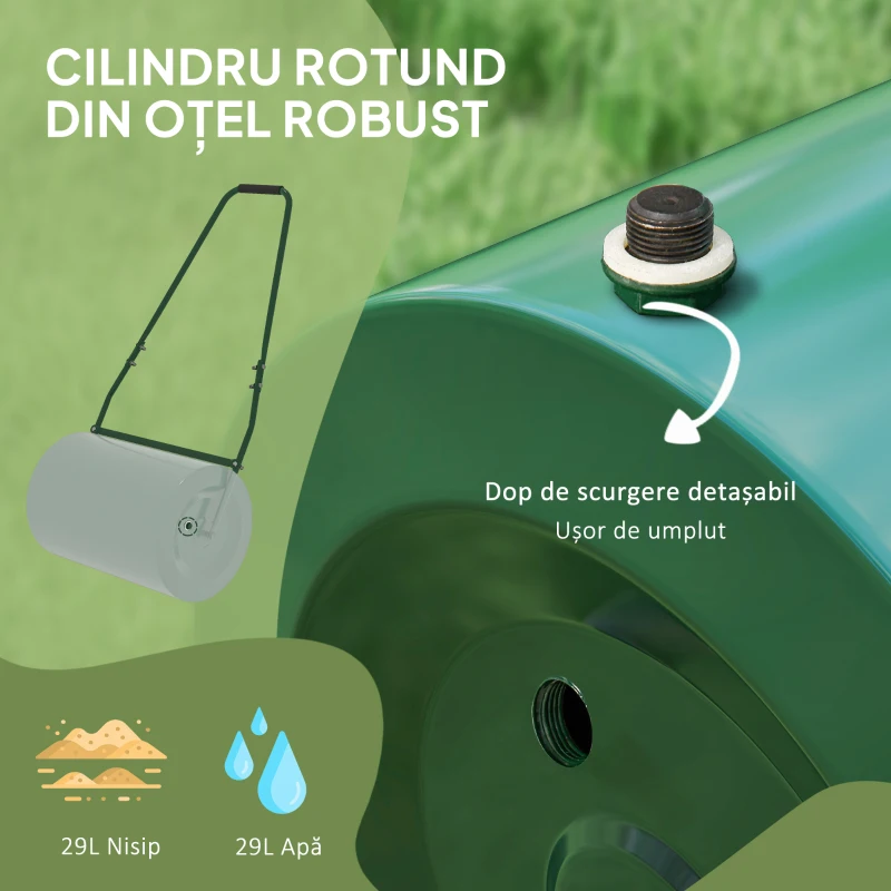 Outsunny Cilindru pentru Gazon cu Capacitate de 63L și Lamă Răzuitoare, din Metal, 123x58x40 cm, Verde Închis