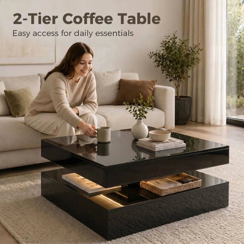 HOMCOM LED Coffee Table with Storage, 2-Tier Modern Centre Table with Open Shelf and Remote for Living Room, High Gloss Black