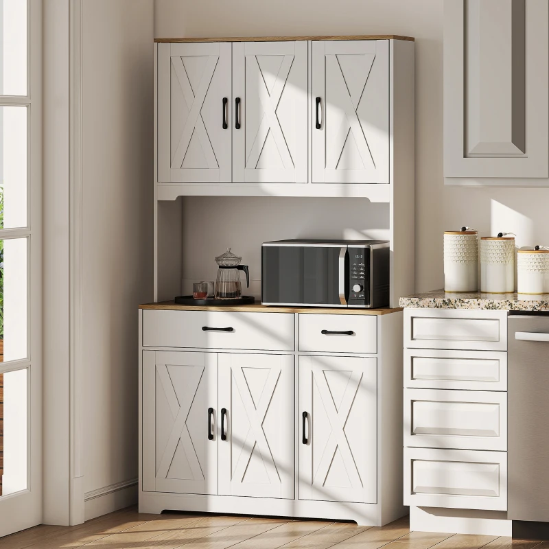 HOMCOM Armário de Cozinha Alto Móvel Auxiliar de Cozinha com Bancada Aberta para Micro-Ondas 2 Gavetas Prateleiras Ajustáveis 94x39,5x175,2 cm Branco