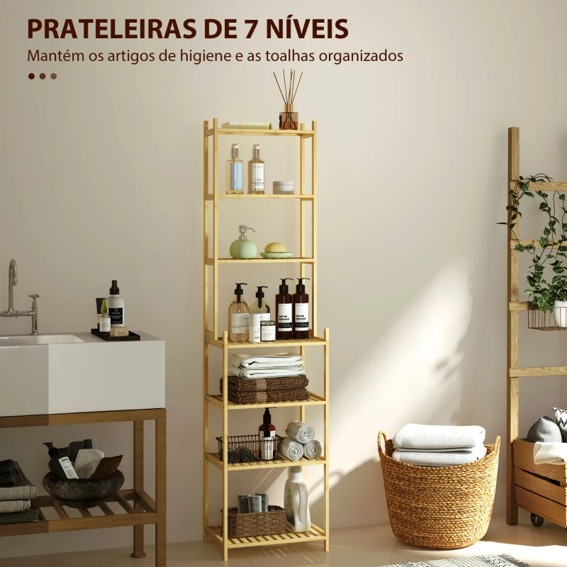 HOMCOM Estante de Casa de Banho de Bambu de 7 Níveis Estante de Arrumação com Desenho de Ripas 44x33x180 cm Madeira