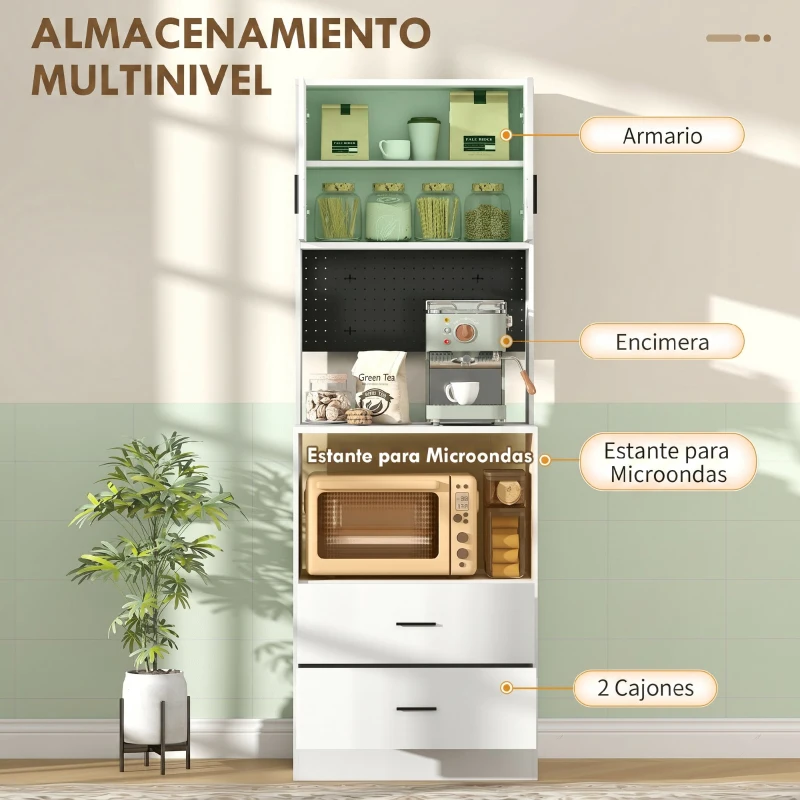 HOMCOM Mueble Auxiliar de Cocina con Soporte para Microondas 2 Cajones 2 Puertas y Panel Perforado de Metal Blanco