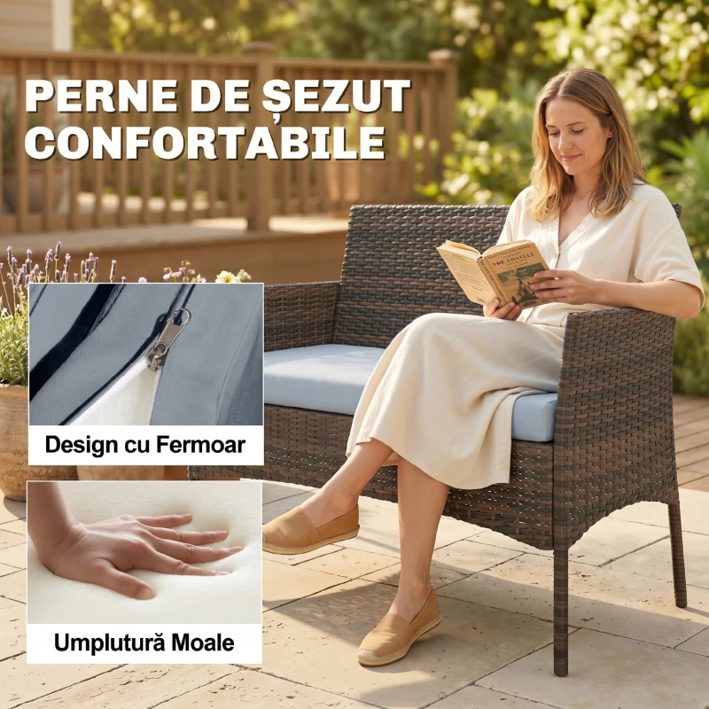 Outsunny Set Mobilier de Grădină din 4 Piese cu Canapea, 2 Fotolii și Măsuță de Cafea, 102x58x82 cm, Maro