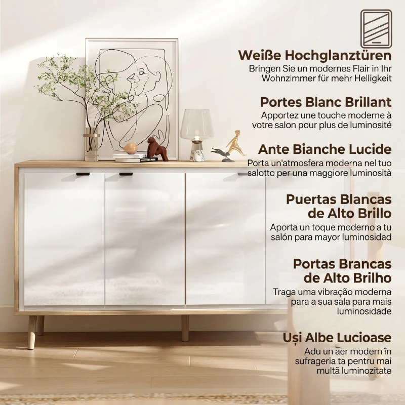 HOMCOM Bufet Modern cu 4 Uși și Raft Reglabil, 141x35x77 cm, Alb Lucios și Stejar