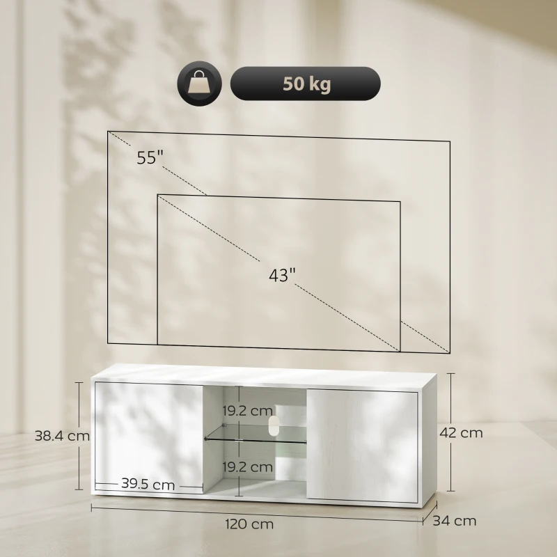 HOMCOM Mobilier TV pentru televizoare de până la 55", Suspendat sau pe Podea, Uși Soft Close, Gaura pentru Cabluri și Raft din Sticlă, Alb