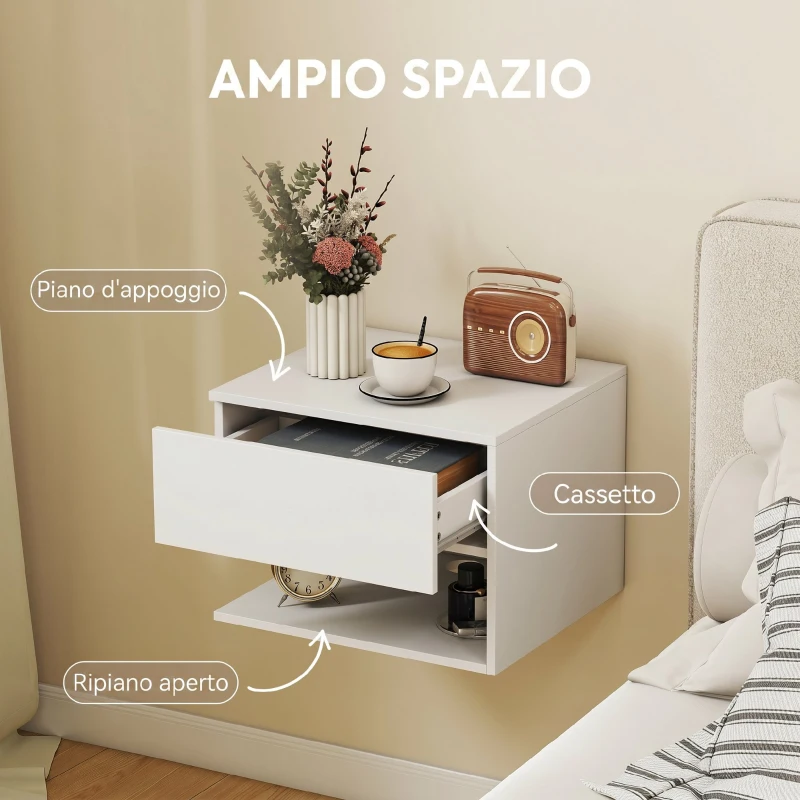 HOMCOM Set di 2 Comodini Sospesi a Parete Con Prese di Corrente, Bianco