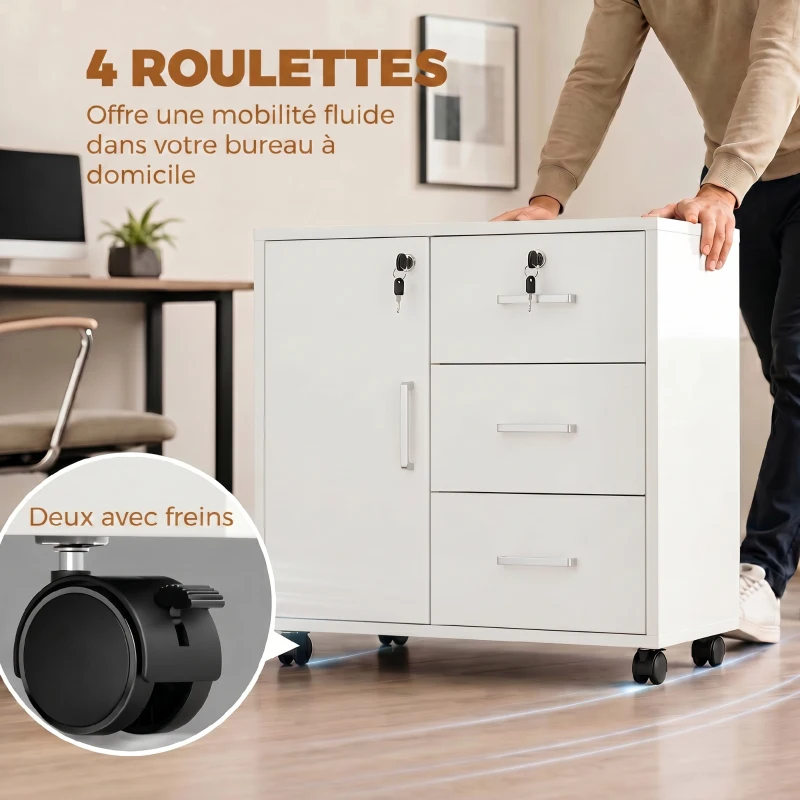 HOMCOM Caisson bureau meuble de rangement verrouillable avec 3 tiroirs et étagère réglable, roulettes, 40 x 60 x 56 cm, blanc
