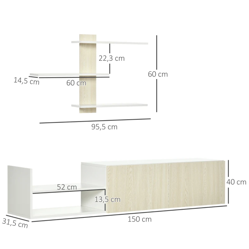 HOMCOM Mueble de Salón para TV con Mesa para Televisor 150x31,5x40 cm y Estante de Pared 95,5x16x60 cm Natural