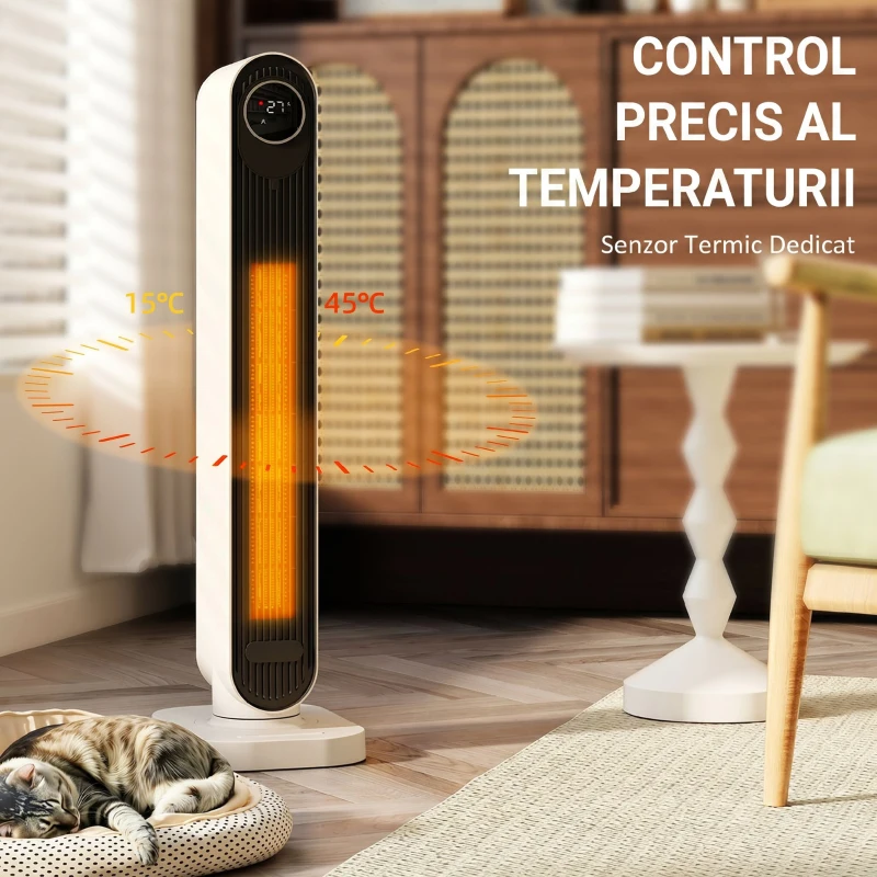 HOMCOM Aerotermă din ABS de 2000W cu telecomandă, oscilație și timer, 30x22x82.5 cm, alb