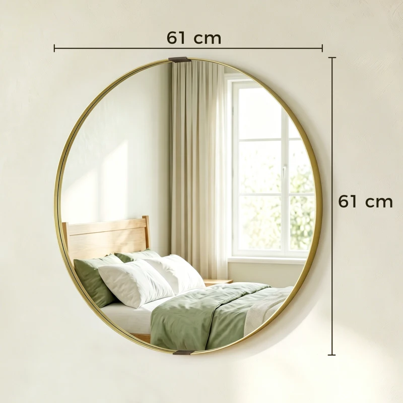 HOMCOM Round Wall Mirror 61 cm, Wall Mounted Bathroom Mirror with Tempered Safety Glass and Aluminium Alloy Frame, Gold Tone