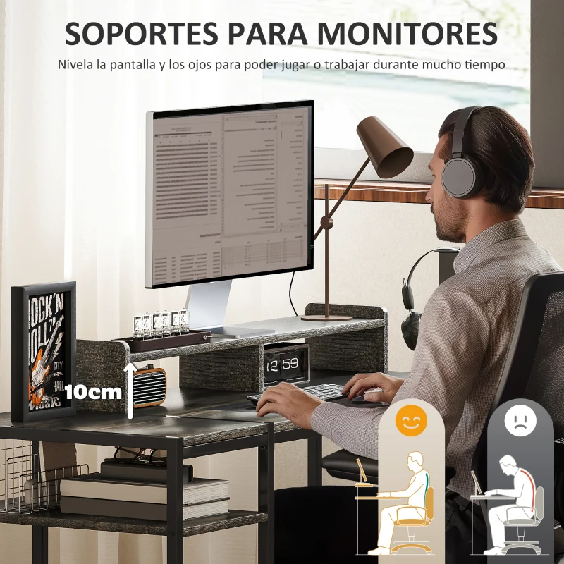 HOMCOM Mesa de Escritorio con Estantes Laterales Soporte para Monitor Ajustable y Estructura Móvil 120x48x85,5 cm Gris Carbón