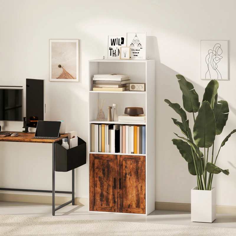 HOMCOM 5-Tier Bookcase with Adjustable Shelf - Rustic Brown