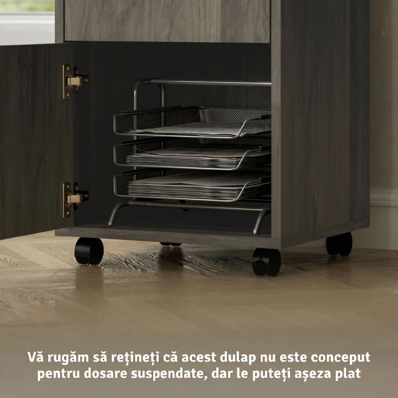 HOMCOM Comodă pentru documente pe 4 roți cu raft deschis și sertare, din lemn și metal, 40x35x60 cm, gri