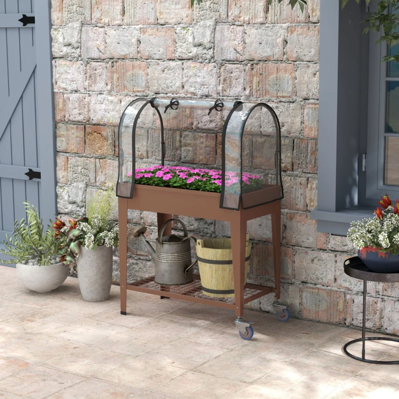 Outsunny Fioriera Rialzata con Mini Serra per Piante, Ruote e Ripiano, 80x40x120cm, Marrone