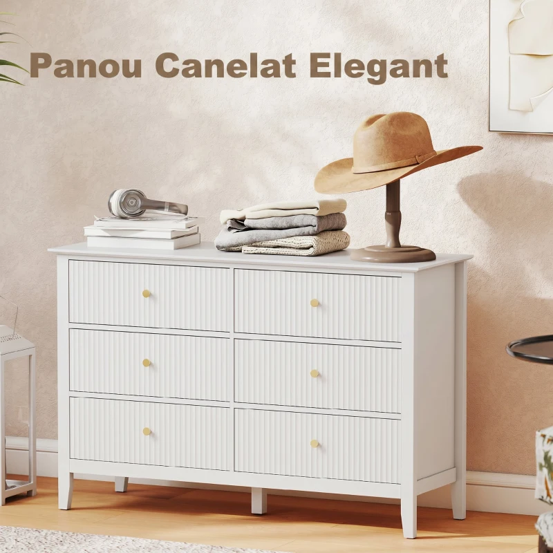 HOMCOM Comodă pentru Dormitor Canelată cu 6 Sertare, Mânere și 5 Picioare, pentru Hol, Living sau Intrare, Alb