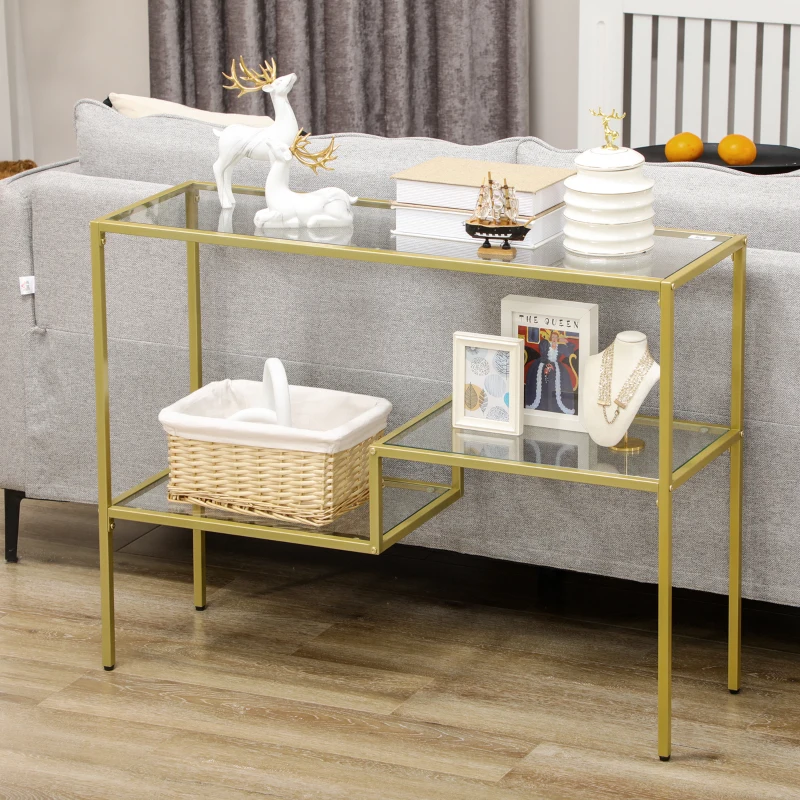 HOMCOM Consolle da Ingresso a 3 Ripiani in Acciaio e Vetro Temperato, 100x32x76 cm, Oro