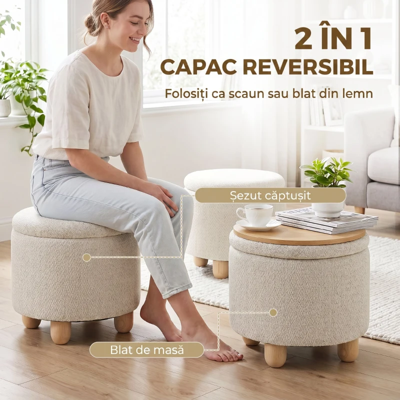 HOMCOM Otoman Rotund de Depozitare din Material Textil de Iută, 19 L, cu Capac, Bej