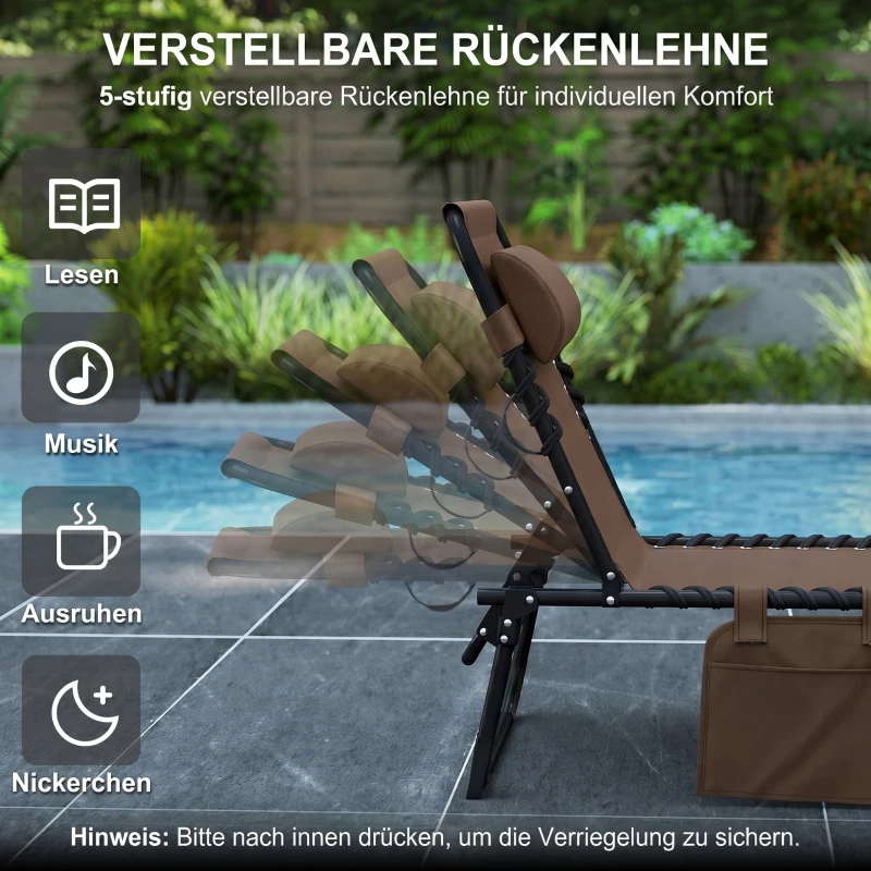 Outsunny Liegestuhl, Zusammenklappbare Liege mit Nackenkissen, Stahlrahmen, Netzstoffbezug, 120 kg Belastbarkeit, Braun