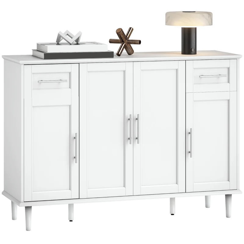 HOMCOM Comodă Buffet Elegantă cu 2 Sertare și 3 Dulapuri cu Rafturi Reglabile, din Lemn, 120x38x86 cm, Alb