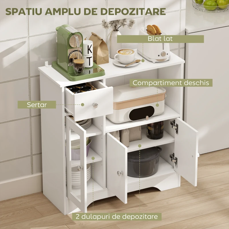 HOMCOM Bufet cu Compartiment Deschis, Sertar, 3 Rafturi și Dulap cu 2 Uși, din Lemn, 80x30x82 cm, Alb