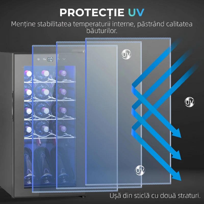 HOMCOM Frigider pentru Vin 15 Sticle, Capacitate 44L, cu Control Temperatură și Rafturi Reglabile, Negru